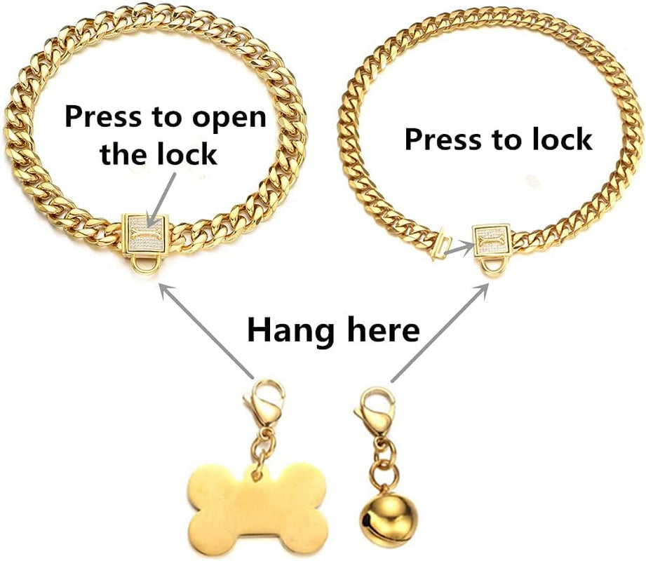 Gold Chain Dog Collar Walking Trainning Chain Collar with CZ Lock ID Tag and Bell Chew Proof 11MM/15MM/19MM Stainless Steel Cuban Link Chain for Small Medium Large Dogs (19Mm, 18Inch)