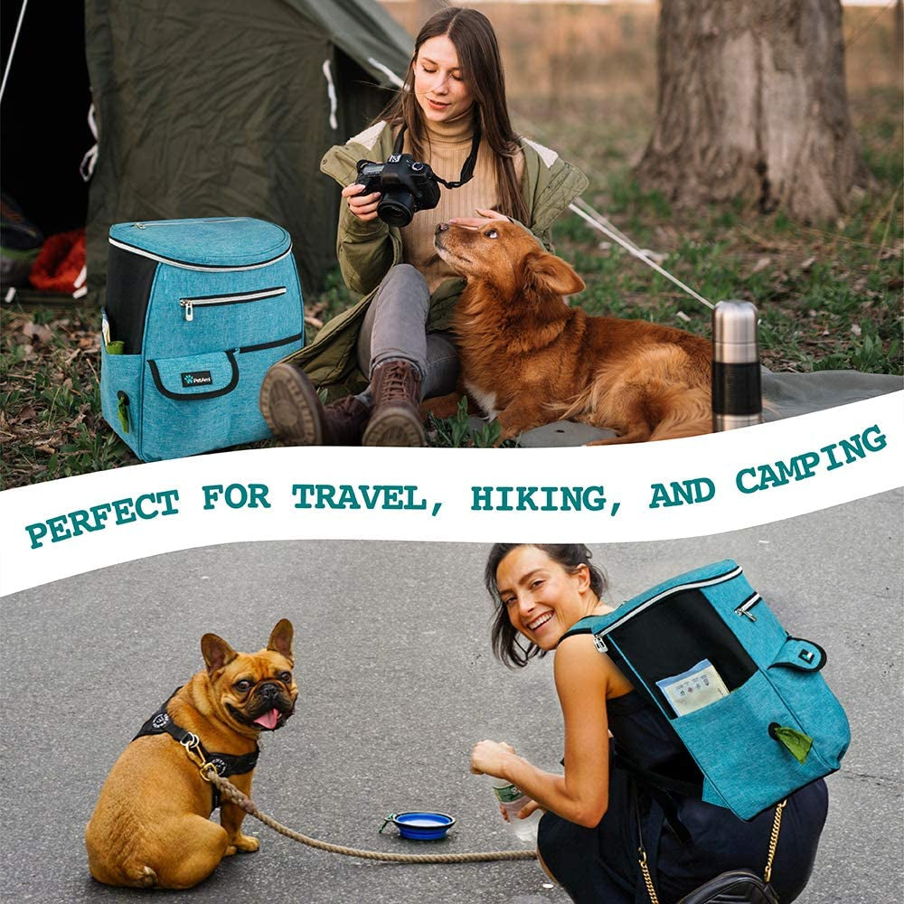 Dog Travel Backpack 27L Airline Approved Pet Supplies Bag, Teal Blue | Cat Traveling Suitcase Organizer for Weekend Road Trip Camping; 2 Food Containers, 2 Collapsible Bowls & Poop Bag Dispenser