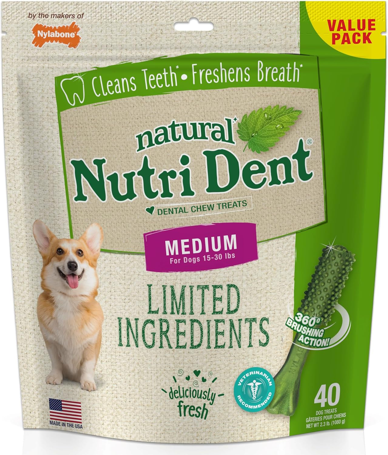 Nutri Dent Dog Dental Treats - Natural Dog Teeth Cleaning & Breath Freshener - Dental Treats for Dogs - Fresh Breath Flavor, Medium (40 Count) | for Medium Dogs 15-30 Lbs, Natural Dog Dental Chews, Helps Clean Teeth & Freshen Breath, Usa-Made, Vet Recommended