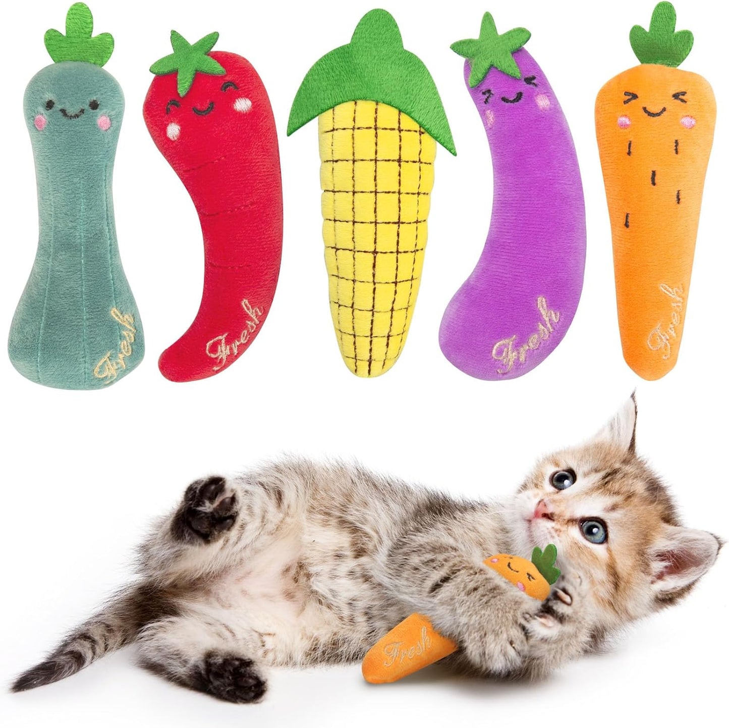 Catnip Cat Toys for Indoor Cats Kitten, 5 Pack, Vegetable Shape | Cat Nip Toys Soft and Durable, Interactive Kitty Kicker Chew Safe Teeth Cleaning Toy
