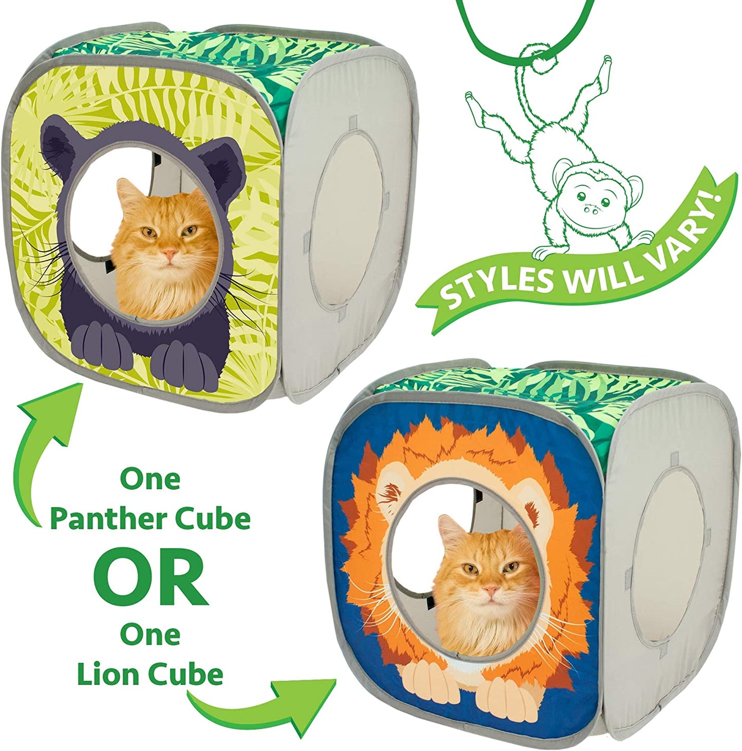 Safari Jungle Pop-Up Cat Cube, Collapsible Indoor Cat Hideout & Play Cube with Peekaboo Openings, Easy Storage, 15” X 15” X 15”