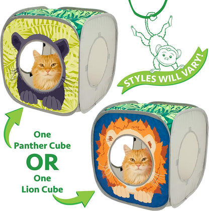 Safari Jungle Pop-Up Cat Cube, Collapsible Indoor Cat Hideout & Play Cube with Peekaboo Openings, Easy Storage, 15” X 15” X 15”