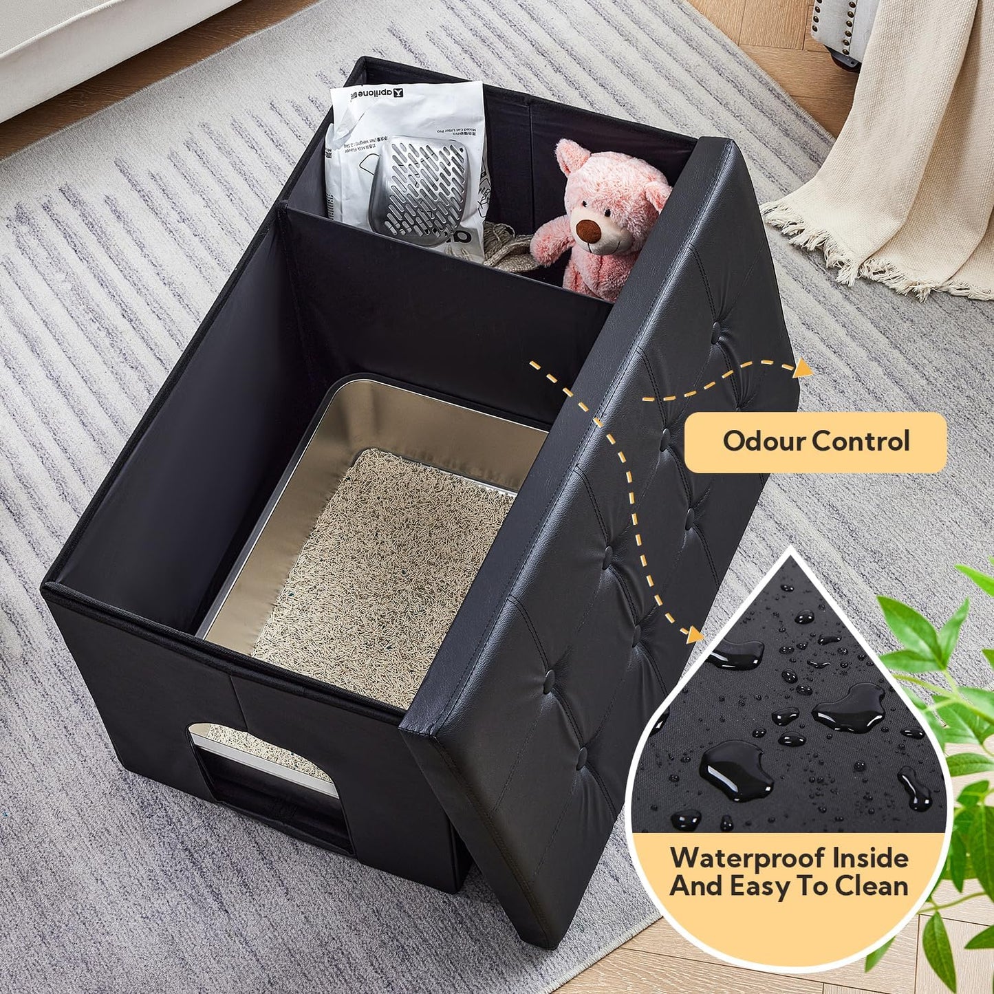 Cat Litter Box Enclosure Furniture Odor Control, Extra Large | XXL Hidden Cat Litter Box Bench Ottoman, Storage Cabinet Dog Proof, Waterproof Inside, Easy Clean, Easy Assembly, Black