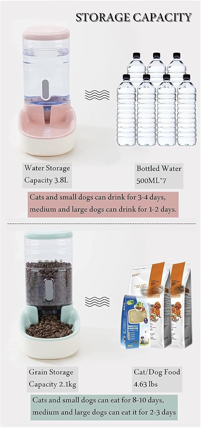 Pet Supplies Cat/Dog High Capacity Feeder and Water Dispenser Set, Natural Gravity without Electricity, Water Storage Capacity 3.8L, Grain Storage Capacity 2.1Kg, Blue