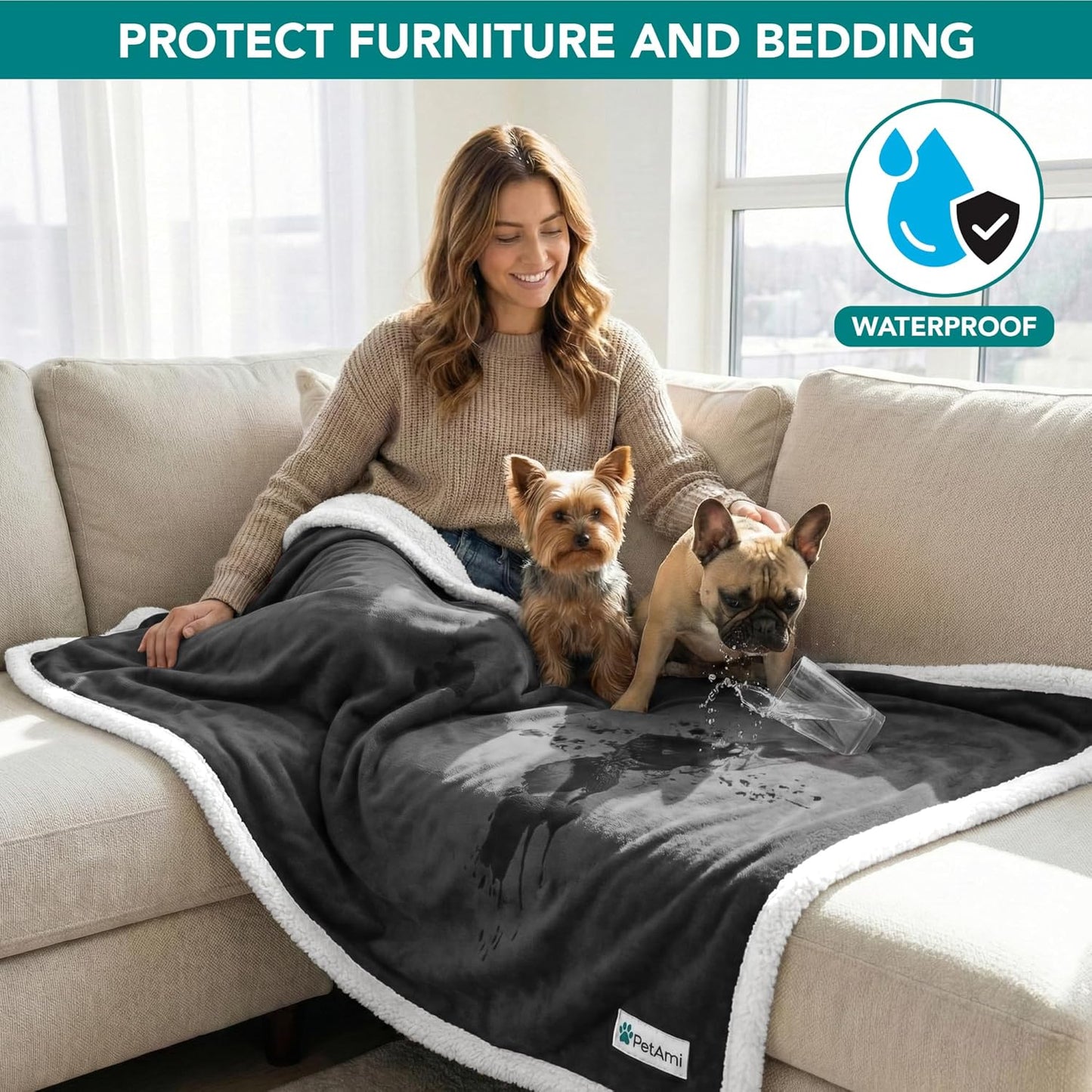 Waterproof Dog Blanket for Small Dog Puppy Cat, 29X40, Charcoal | 460 GSM Sherpa Fleece Reversible, Pee Proof Pet Blanket, Furniture Protector Cover for Couch Sofa Kennel, Washable