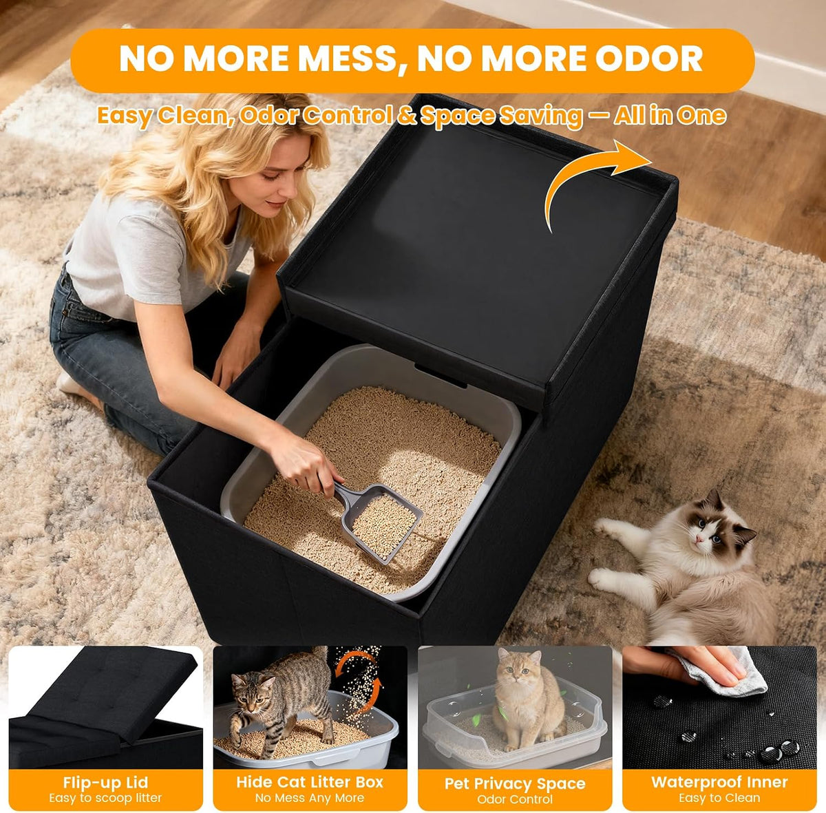 X-Large 3-in-1 Cat Litter Box Enclosure Furniture - Stylish Black Design