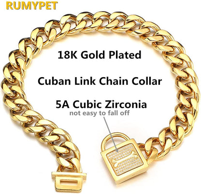 Gold Chain Dog Collar Walking Trainning Chain Collar with CZ Lock ID Tag and Bell Chew Proof 11MM/15MM/19MM Stainless Steel Cuban Link Chain for Small Medium Large Dogs (19Mm, 18Inch)