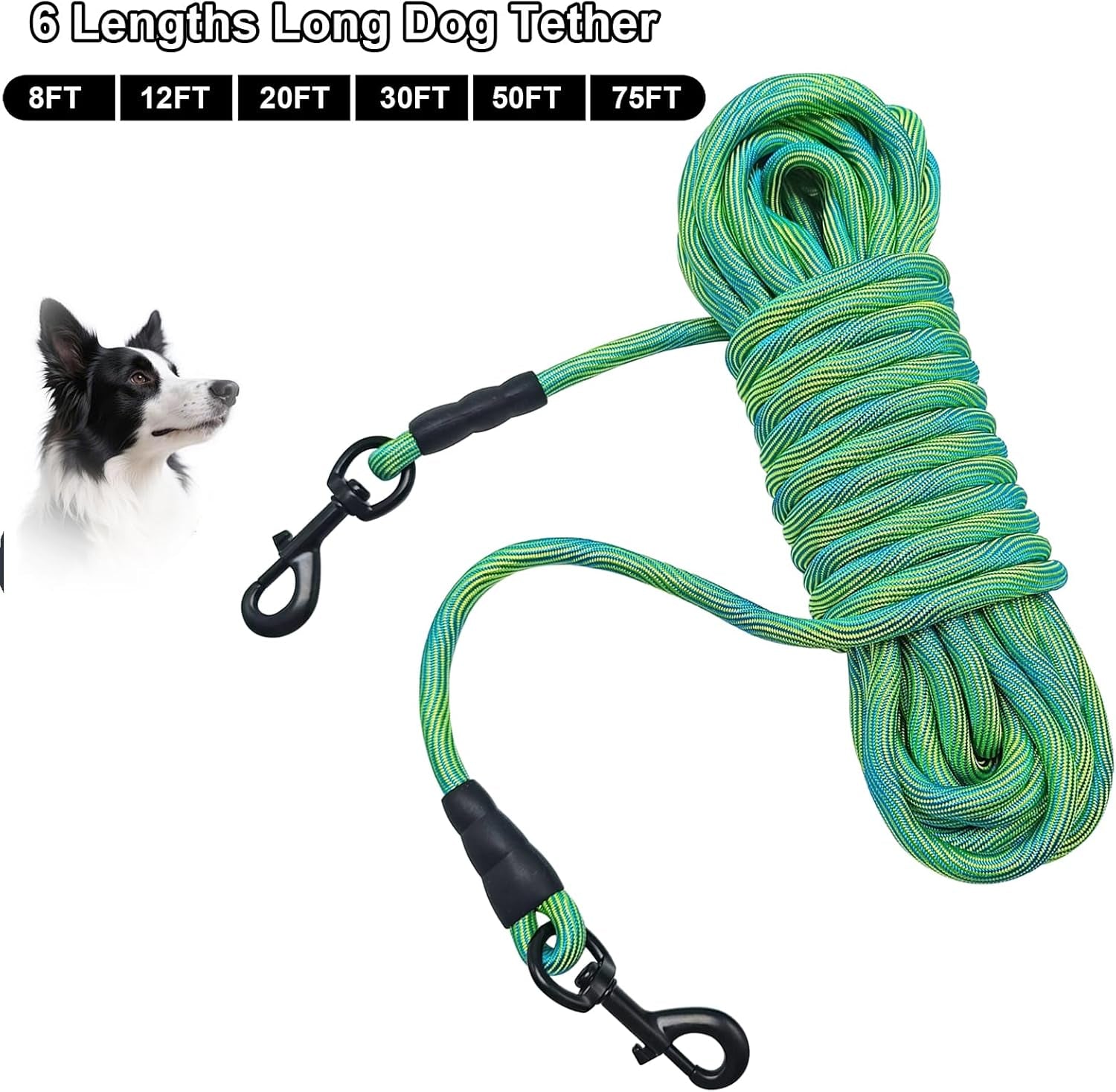 8/12/20/30/50/75Ft Dog Tie-Out Long Tether Rope Dog Lead for Yard | Large Medium Dogs Outdoor Yard Leash- Training, Playing, Camping, Backyard (Green, 50 Foot)