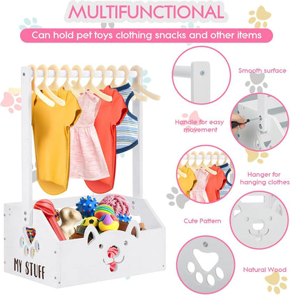 Dog Storage Organizer Wooden Closet Toy Bin Clothes Rack Hangers Pink/White