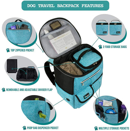 Dog Travel Backpack 27L Airline Approved Pet Supplies Bag, Teal Blue | Cat Traveling Suitcase Organizer for Weekend Road Trip Camping; 2 Food Containers, 2 Collapsible Bowls & Poop Bag Dispenser