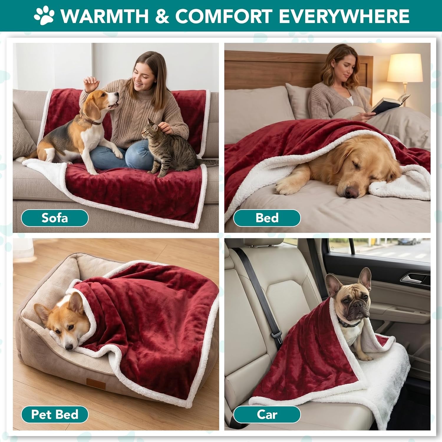Dog Blanket Small Medium Pet Cat Puppy Kitten, 40X29 Mini, Dark Red | 460 GSM, Soft Sherpa Fleece Throw, Reversible Plush Couch Cover Protector Crate Carrier Sofa Bed Car Seat, Machine Washable