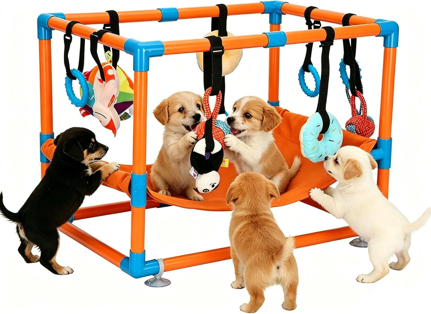 Indoor Puppy Play Gym with Hammock 8 Toys Dog Enrichment Activity Center