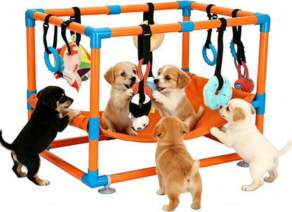 Indoor Puppy Play Gym with Hammock 8 Toys Dog Enrichment Activity Center