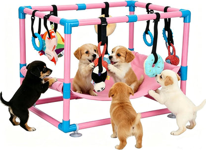 Indoor Puppy Play Gym with Hammock 8 Toys Dog Enrichment Activity Center