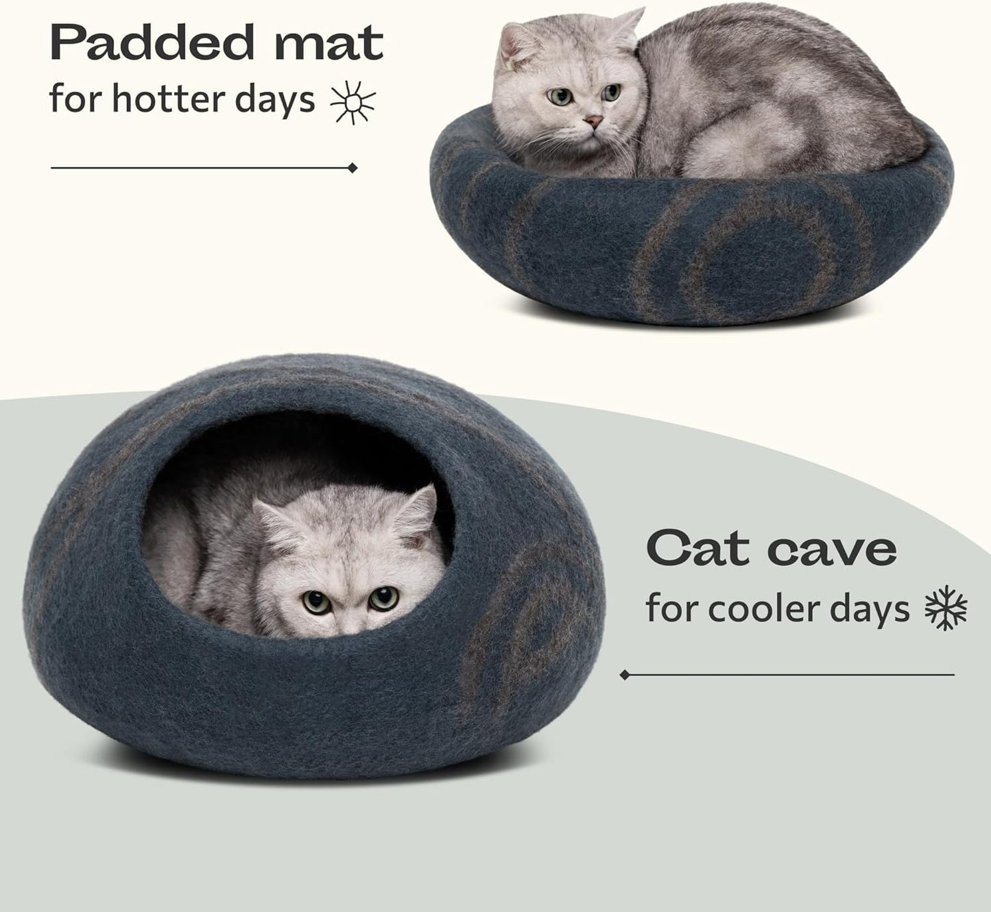 Cat Cave - Merino Wool Bed for Indoor Cats (Slate Grey, Large) | Cat Bed Enclosure, Premium Felt, Handmade, Super Soft, Lightweight, Breathable, Adjustable Shape