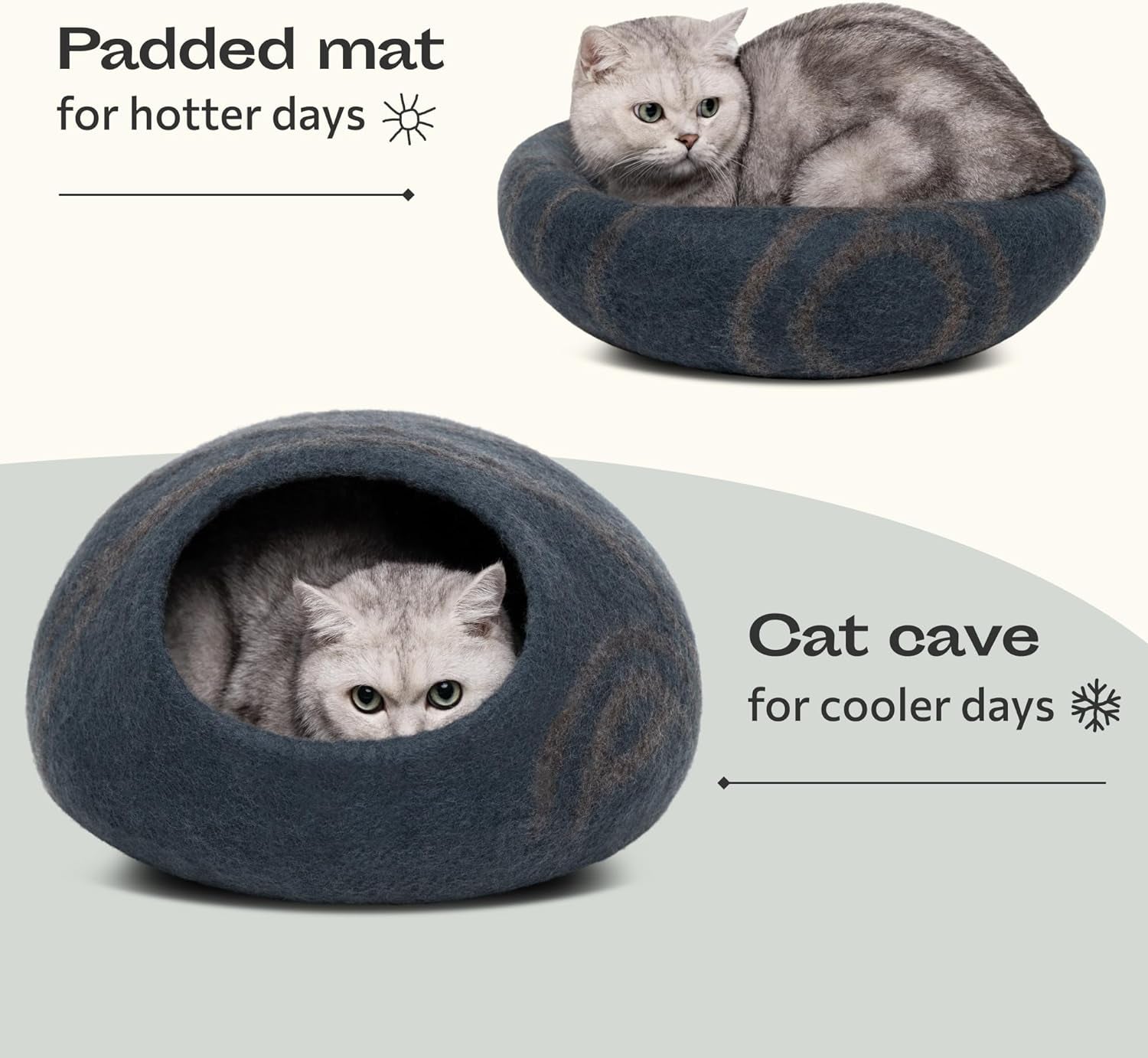 Cat Cave - Merino Wool Bed for Indoor Cats (Slate Grey, Large) | Cat Bed Enclosure, Premium Felt, Handmade, Super Soft, Lightweight, Breathable, Adjustable Shape