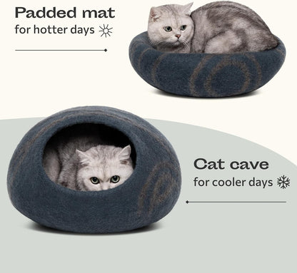 Cat Cave - Merino Wool Bed for Indoor Cats (Slate Grey, Large) | Cat Bed Enclosure, Premium Felt, Handmade, Super Soft, Lightweight, Breathable, Adjustable Shape