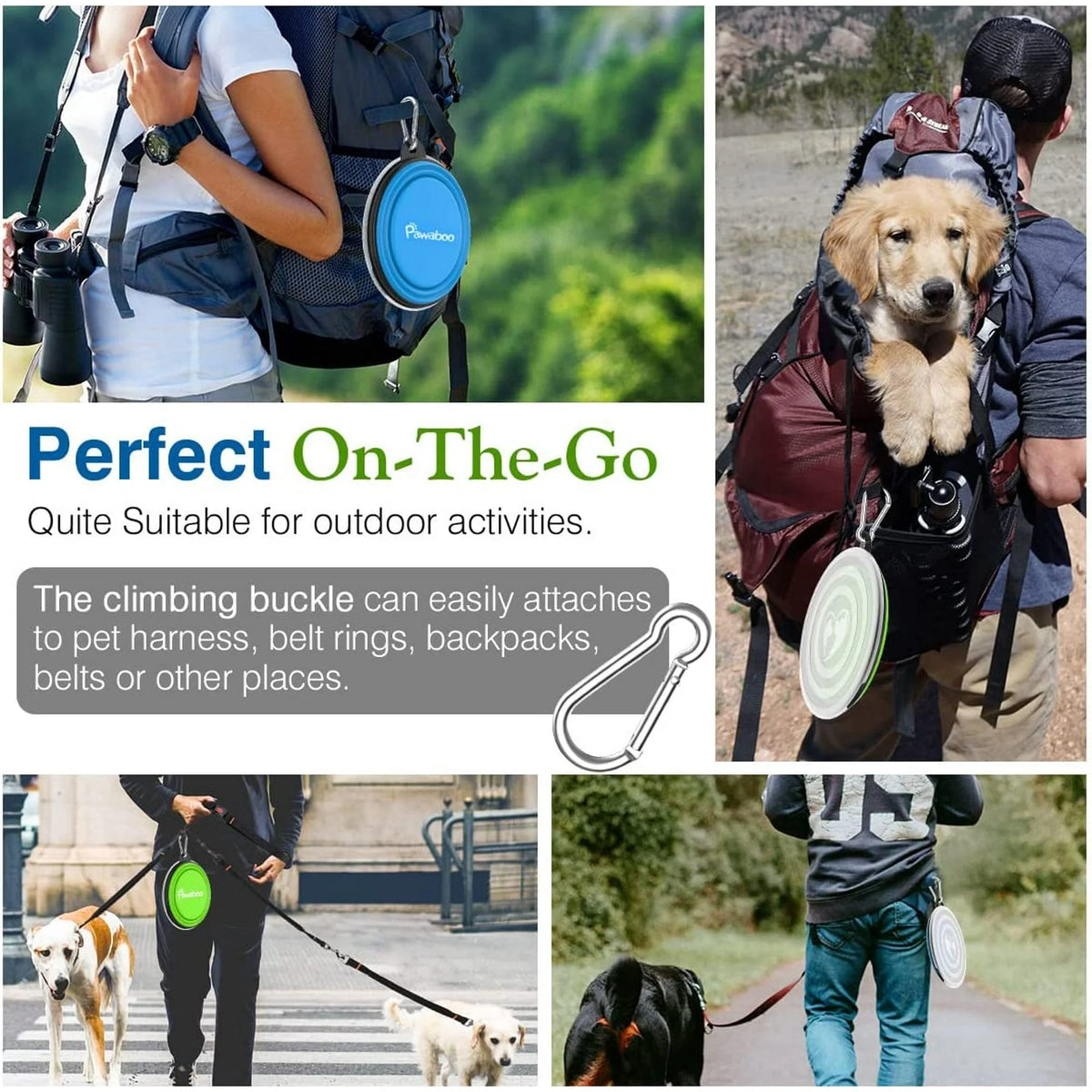 Collapsible Dog Bowls 2 Pack, Silicone Feeding Watering Bowls with Lids & Carabiners for Dogs Cats, Portable Water Feeder Food Bowl for Walking Traveling Home Use, 450Ml, Blue + Green