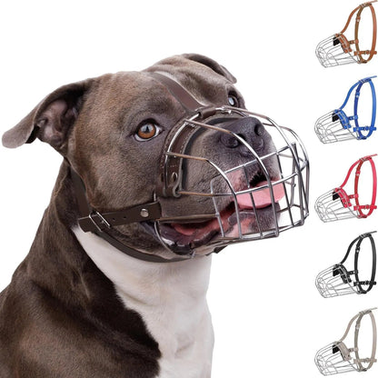 Breathable Metal Basket Dog Muzzle for Large Dogs with Leather Straps