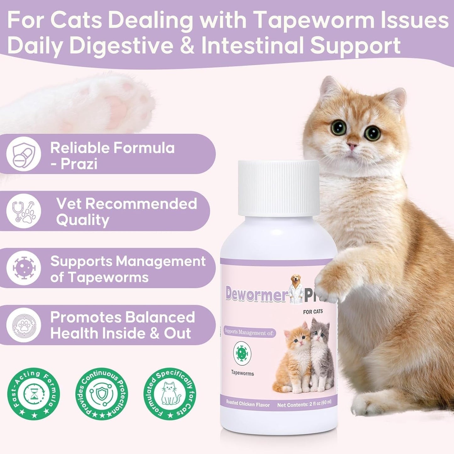 Cat Tapeworm Treatment Liquid 60ml Fast Absorption Kitten Safe Dropper