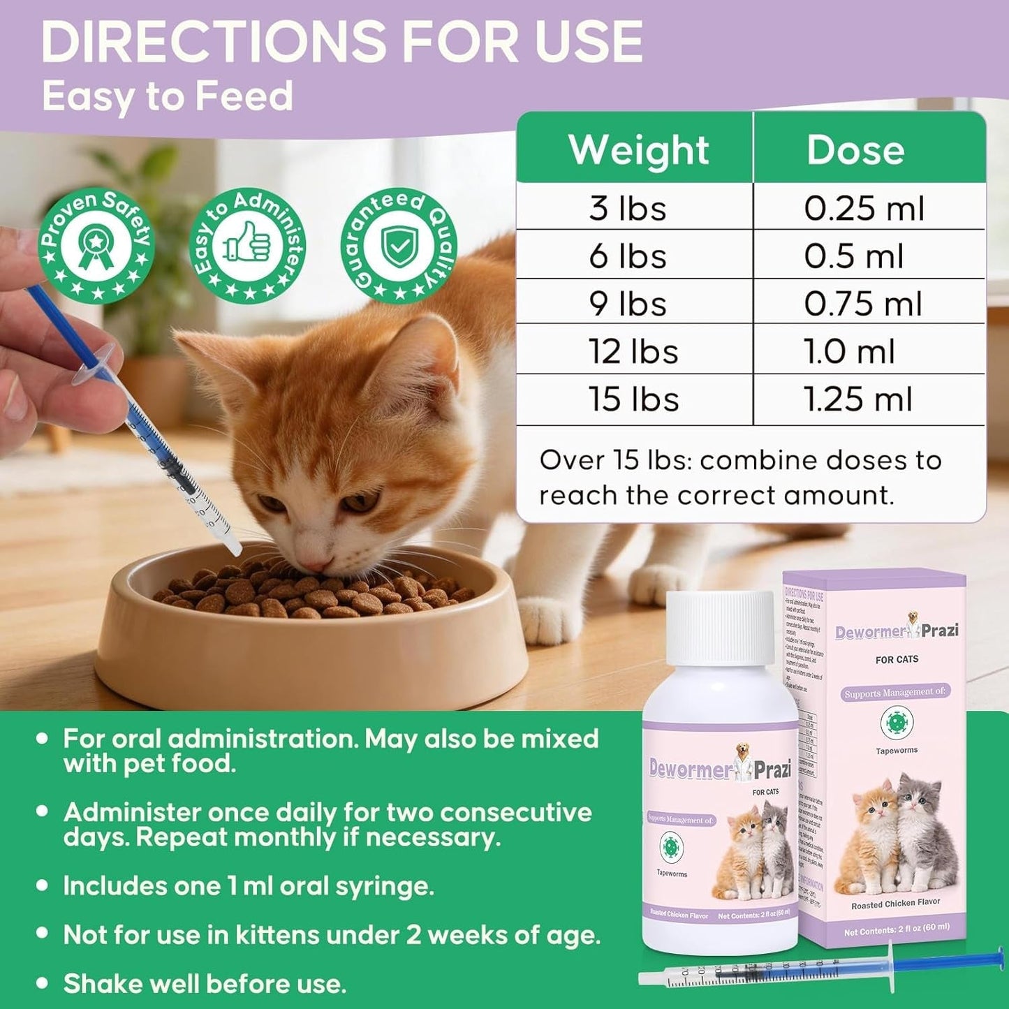 Cat Tapeworm Treatment Liquid 60ml Fast Absorption Kitten Safe Dropper