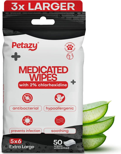 Chlorhexidine Medicated Pet Wipes XL for Dogs & Cats Antibacterial 50ct