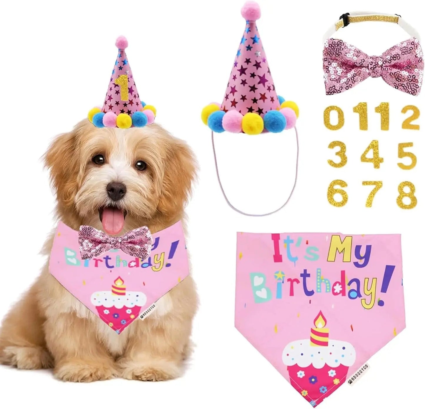 Dog Birthday Bandana, Party Hat & Bow Tie Set for Small- Large Dogs