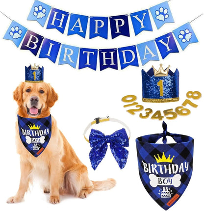 Dog Birthday Bandana, Party Hat & Bow Tie Set for Small- Large Dogs