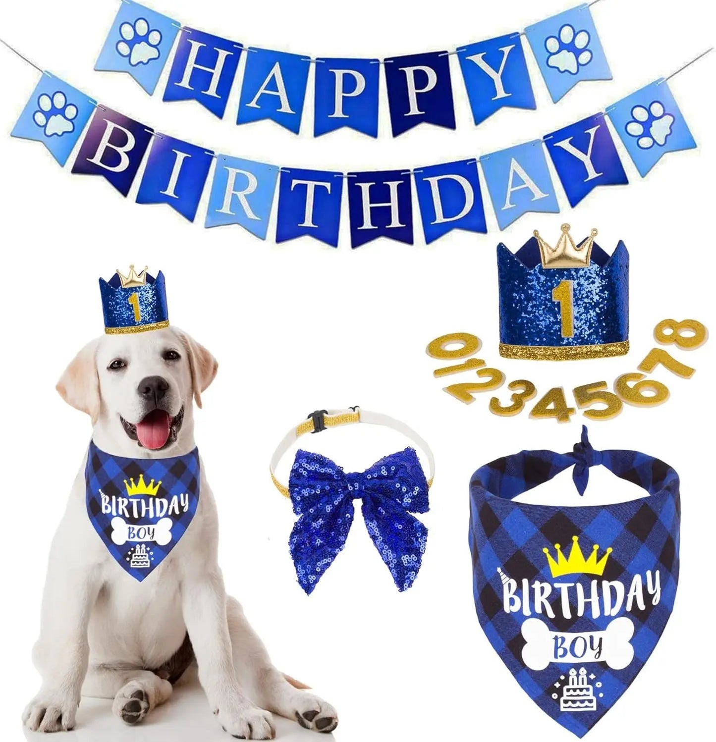 Dog Birthday Bandana, Party Hat & Bow Tie Set for Small- Large Dogs