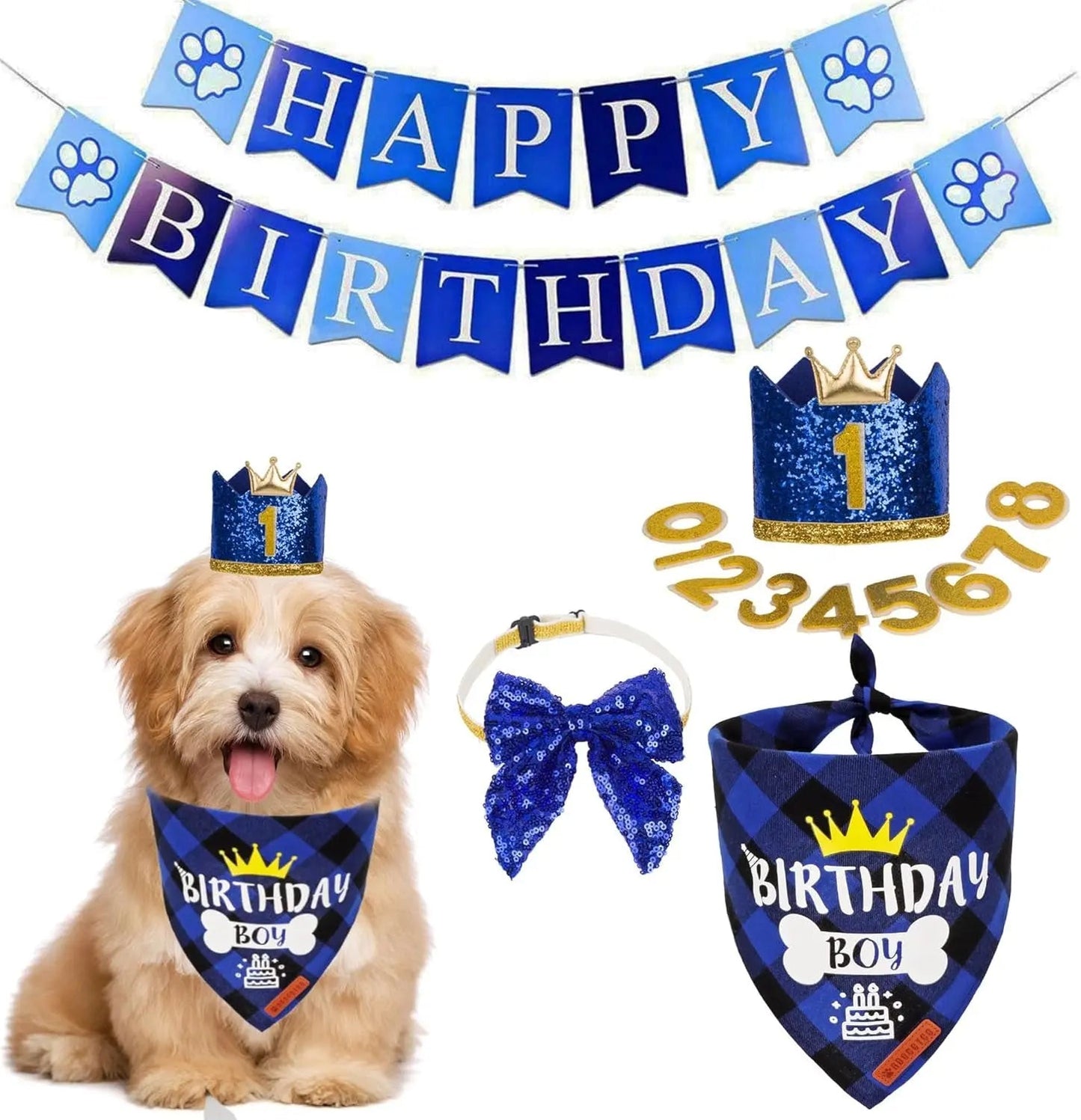 Dog Birthday Bandana, Party Hat & Bow Tie Set for Small- Large Dogs