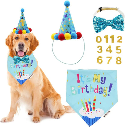 Dog Birthday Bandana, Party Hat & Bow Tie Set for Small- Large Dogs