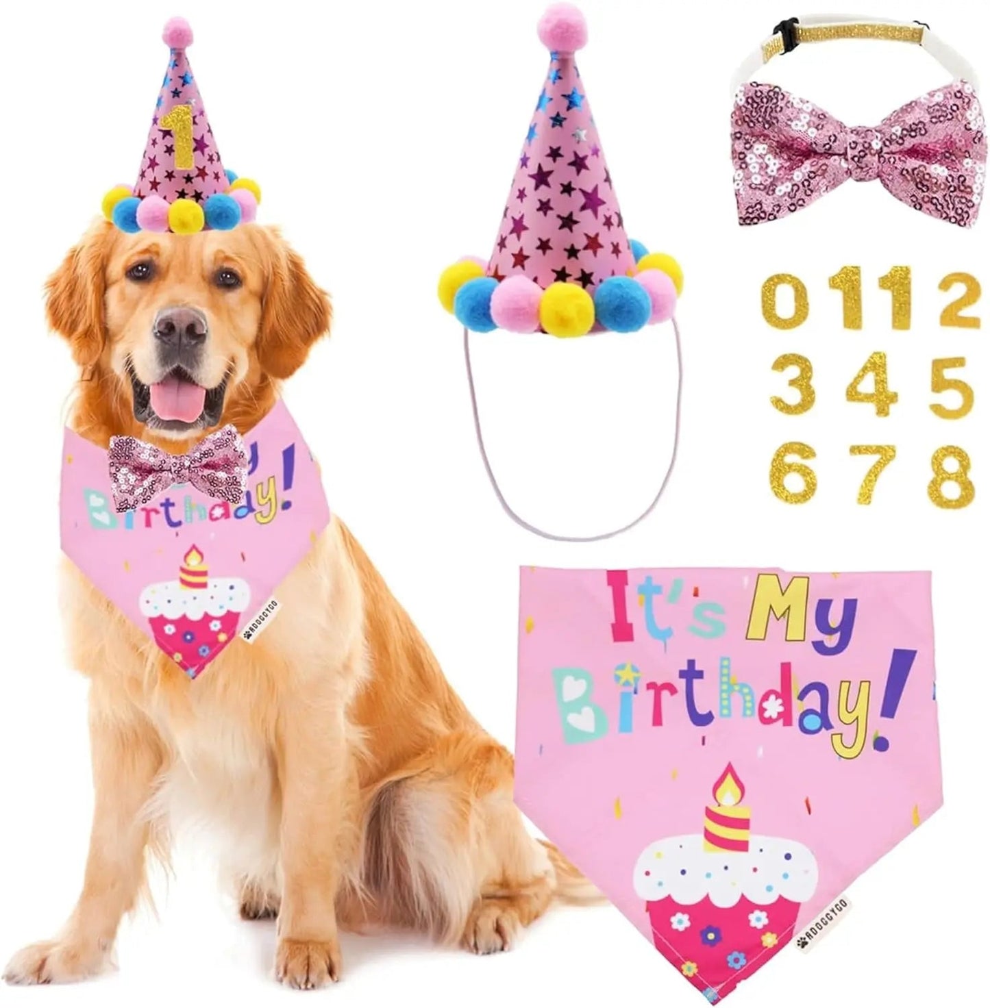 Dog Birthday Bandana, Party Hat & Bow Tie Set for Small- Large Dogs