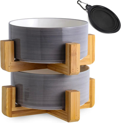 Modern Ceramic Cat & Dog Bowl Set with Wood Stand, Non-Slip, Set of 2