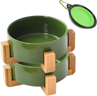 Modern Ceramic Cat & Dog Bowl Set with Wood Stand, Non-Slip, Set of 2
