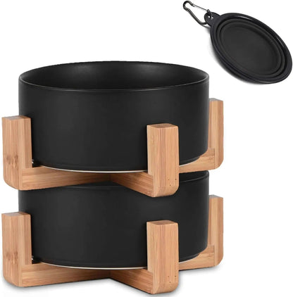 Modern Ceramic Cat & Dog Bowl Set with Wood Stand, Non-Slip, Set of 2