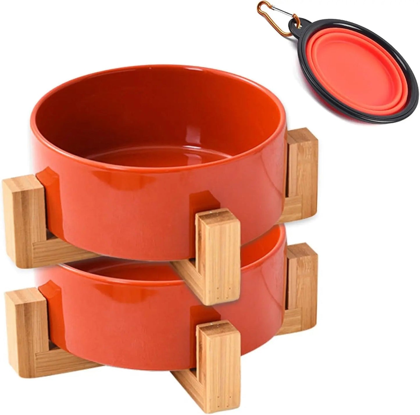 Modern Ceramic Cat & Dog Bowl Set with Wood Stand, Non-Slip, Set of 2