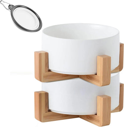 Modern Ceramic Cat & Dog Bowl Set with Wood Stand, Non-Slip, Set of 2