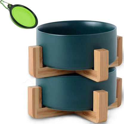 Modern Ceramic Cat & Dog Bowl Set with Wood Stand, Non-Slip, Set of 2