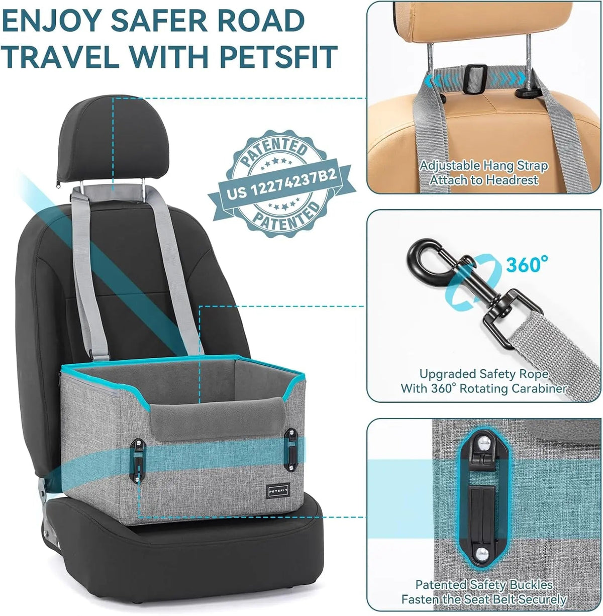 PETSFIT Small Dog Booster Car Seat with Safety Buckles & Tether, Foldable