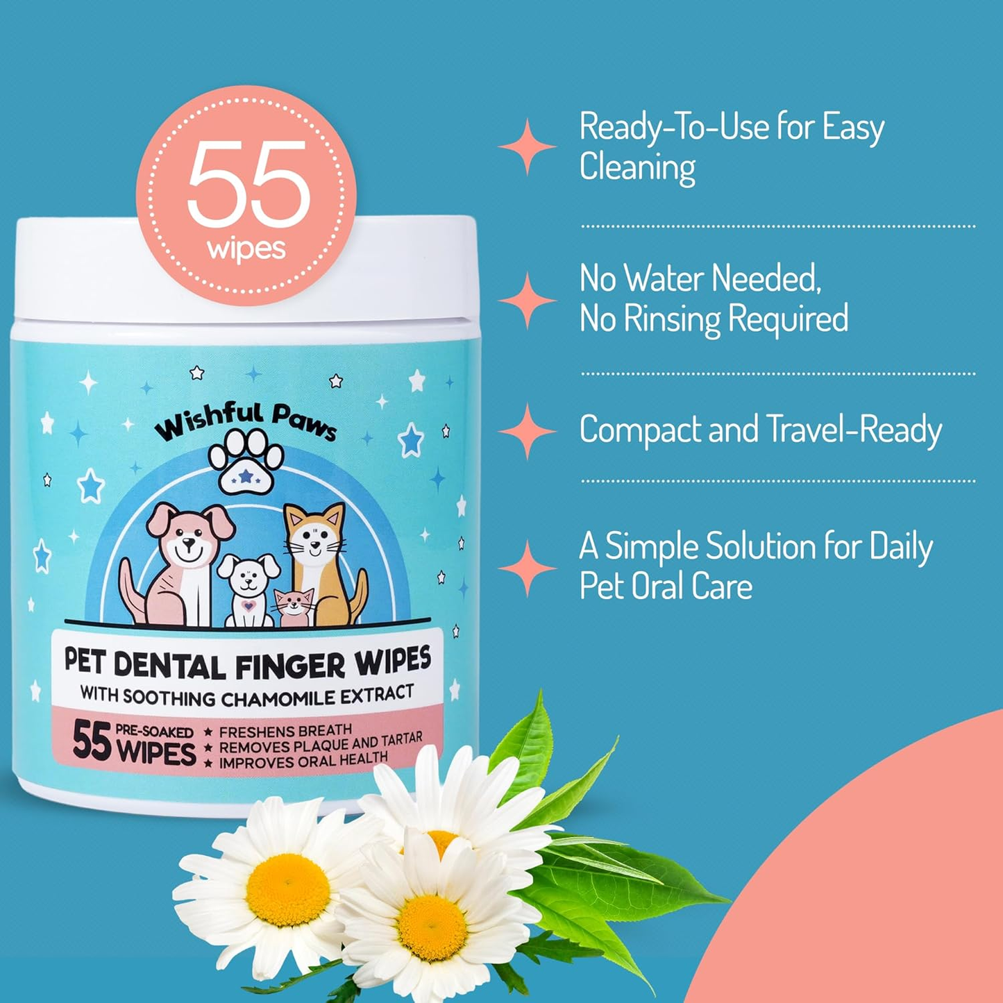 Pet Dental Wipes Dog Cat Teeth Cleaning Plaque Tartar Breath Freshener 55Ct