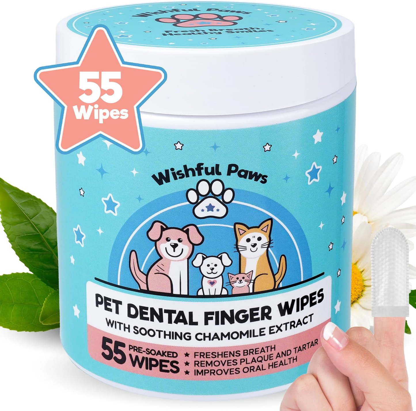 Pet Dental Wipes Dog Cat Teeth Cleaning Plaque Tartar Breath Freshener 55Ct