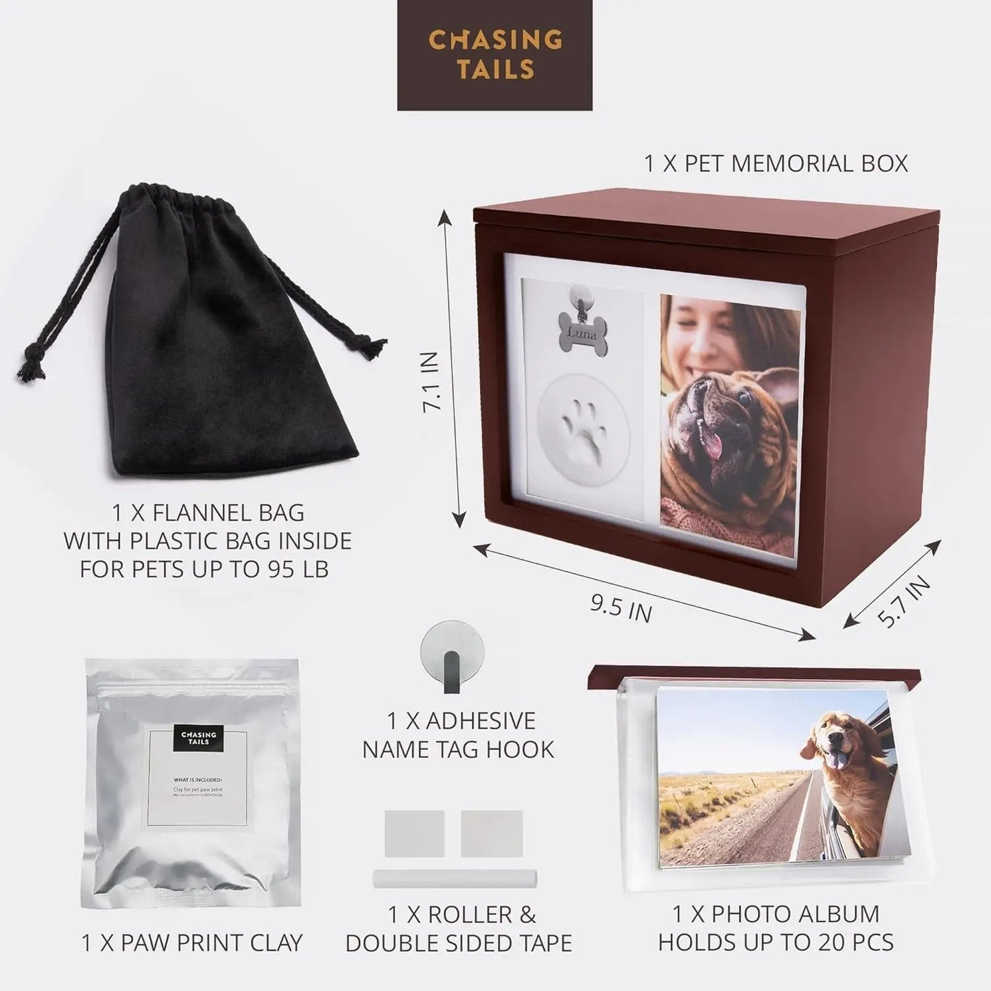 Pet Memorial Urn Keepsake Box with Photo Frame, Paw Print Kit & Photo Album