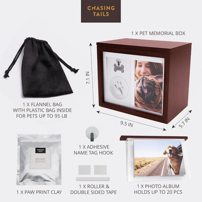 Pet Memorial Urn Keepsake Box with Photo Frame, Paw Print Kit & Photo Album