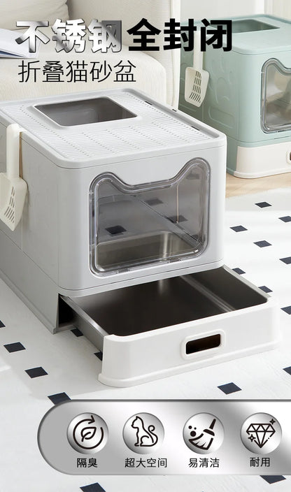 Extra Large Cat Litter Box Cabinet-Enclosed Top Entry Design Slide Drawer Odor Control System Anti-Splash Tray Giant Breed Pets