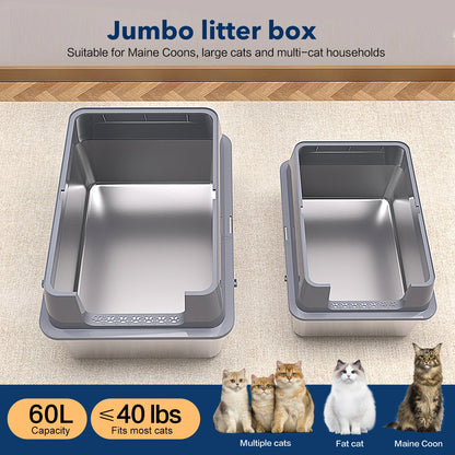 Extra Large XXL Stainless Steel Cat Litter Box with Lid, 26' L X 18' W X 12' H Metal Litter Box with High Sides for Big Cats