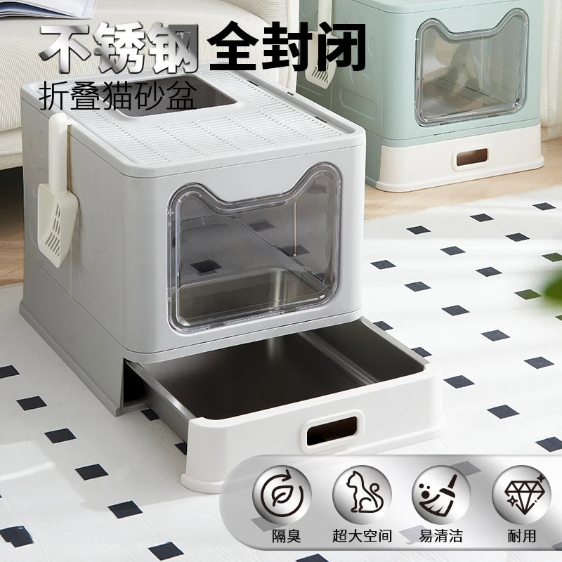 Extra Large Cat Litter Box Cabinet-Enclosed Top Entry Design Slide Drawer Odor Control System Anti-Splash Tray Giant Breed Pets