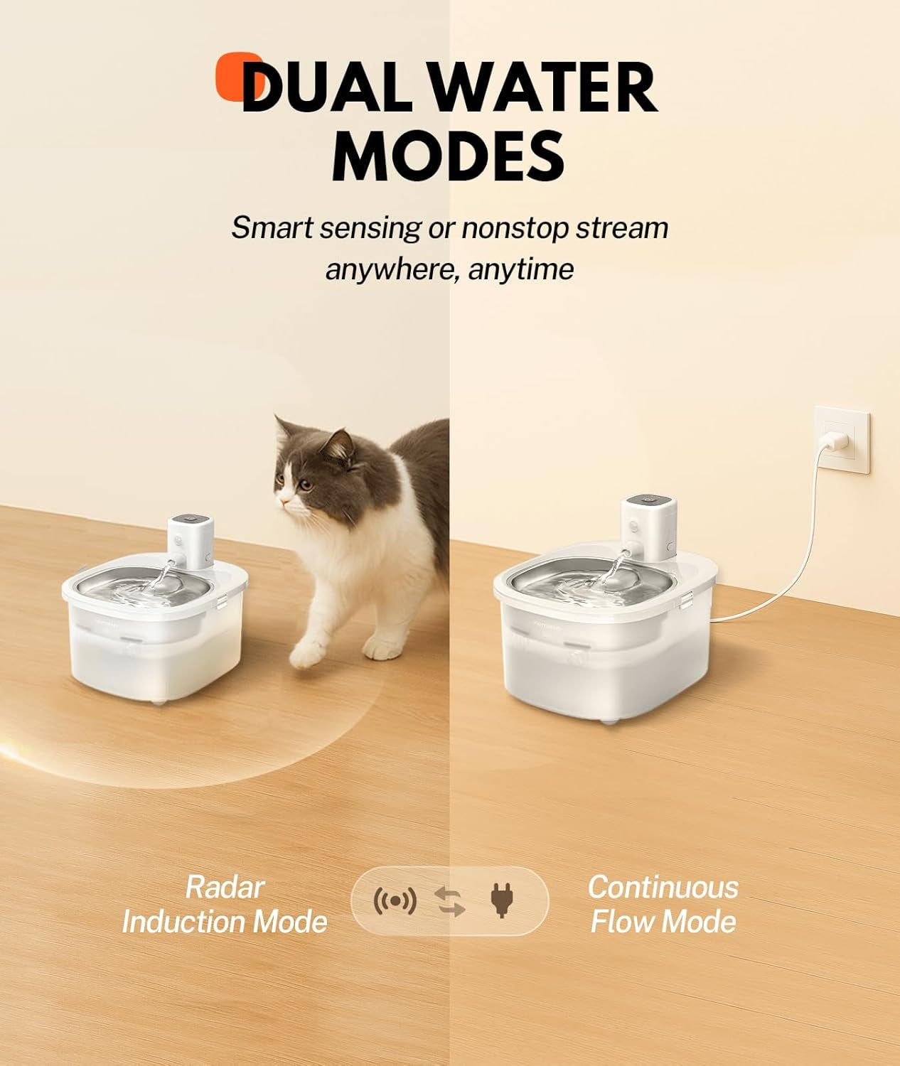 Wireless Cat Water Fountain Stainless Steel Battery Quiet 2.5L Automatic