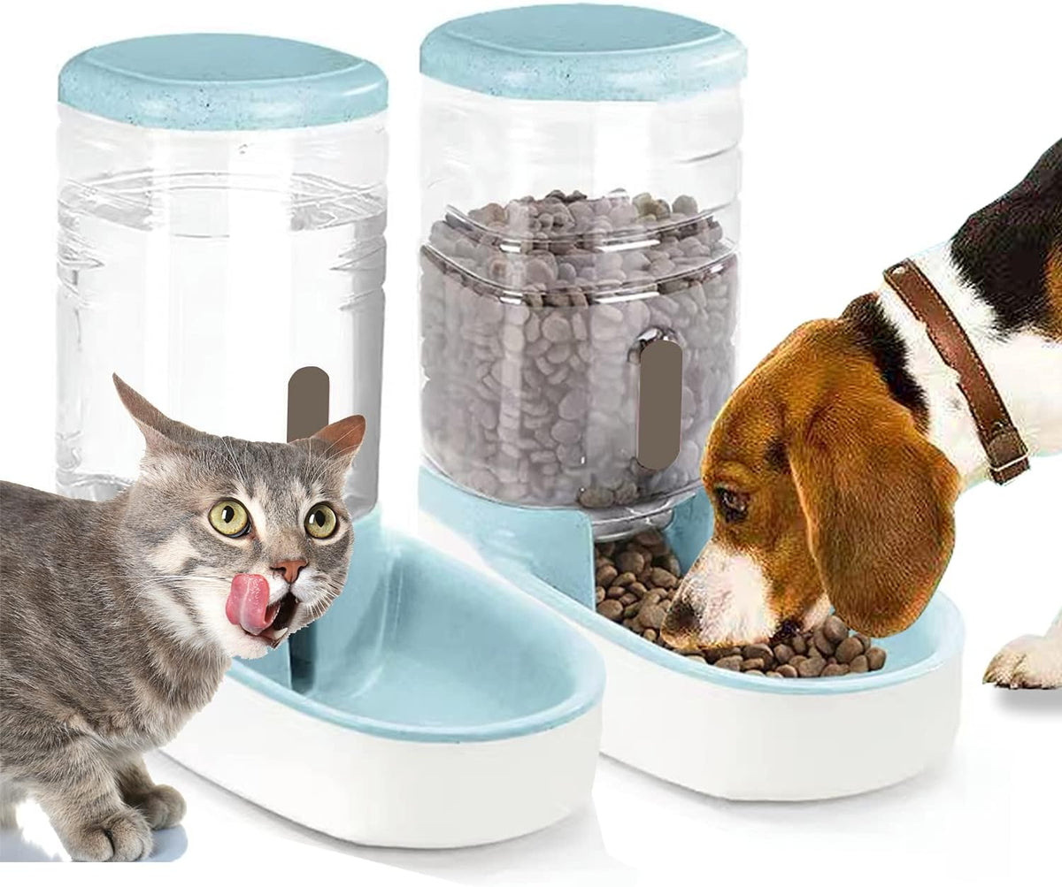 Pet Supplies Cat/Dog High Capacity Feeder and Water Dispenser Set, Natural Gravity without Electricity, Water Storage Capacity 3.8L, Grain Storage Capacity 2.1Kg, Blue