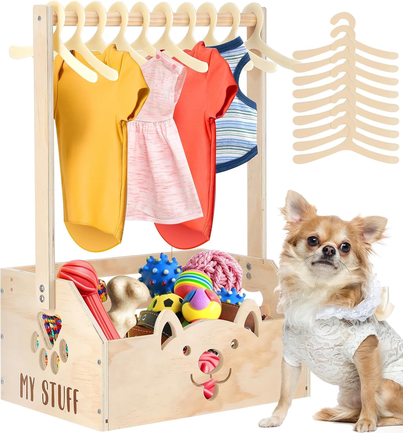 Dog Storage Organizer Wooden Closet Toy Bin Clothes Rack Hangers Pink/White