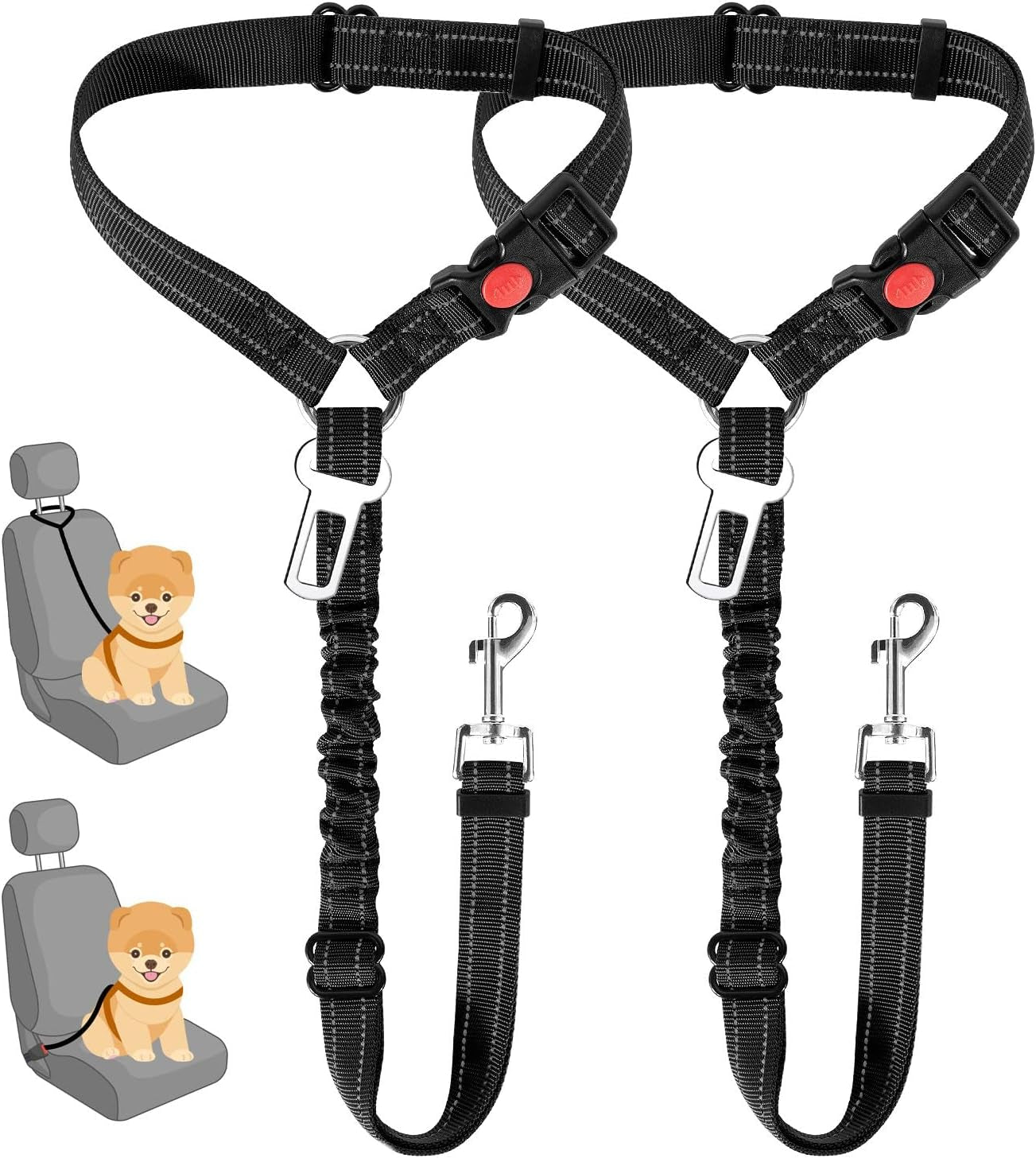Dog Seat Belt for Car, 2 Pack Dog Car Harness Seatbelt with Bungee | 2 in 1 Pet Car Leash Headrest Restraint & Dog Safety Tether Clip, Adjustable with Elastic Buffer, Reflective, Black S
